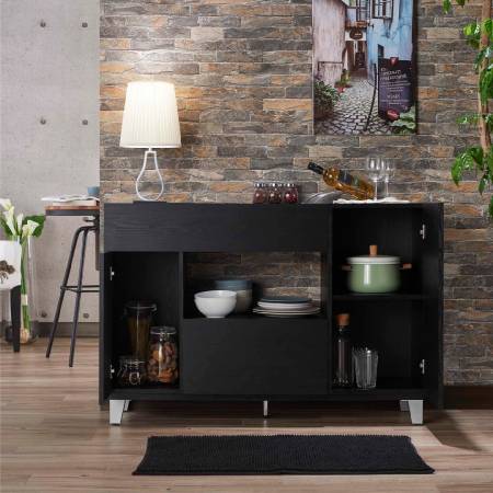 Dining Sideboard - Two drawers, laminated storage space, metal feet, high-shaped cabinet, black, space sense